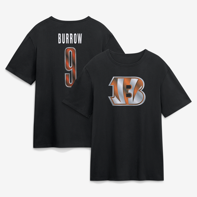 Joe Burrow Cincinnati Bengals Metallic Mascot Name & Number T-Shirt - Black