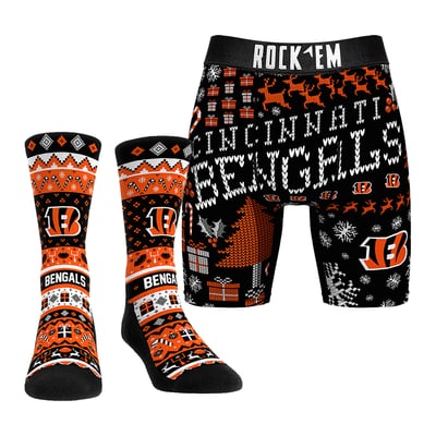 Cincinnati Bengals Rock Em Socks Holiday Tacky Sweater Underwear and Crew Socks Combo Pack
