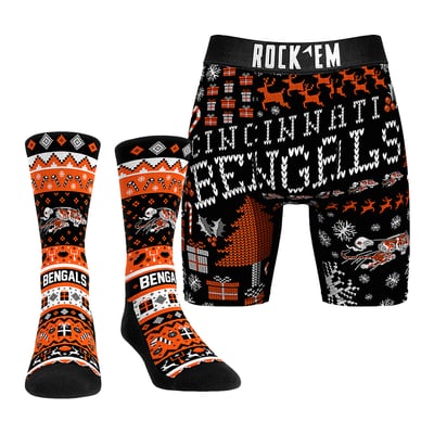 Cincinnati Bengals Rock Em Socks Retro Throwback Holiday Tacky Sweater Underwear and Crew Socks Combo Pack