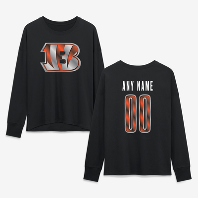 Cincinnati Bengals Women's Forged Mascot Personalized Name & Number Long Sleeve T-Shirt - Black