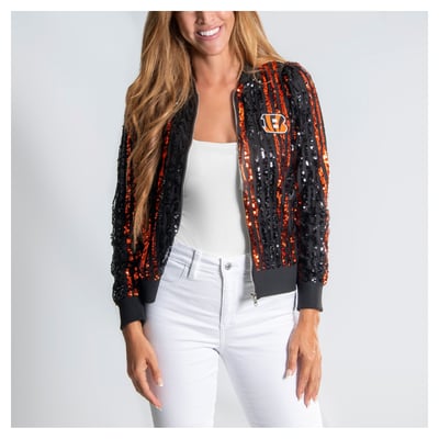  Cincinnati Bengals FABGATING by Cuce Women's Slim Fit Sequin Striped Full-Zip Bomber Jacket - Black