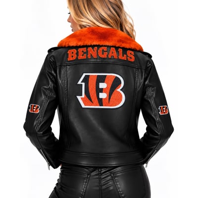 Cincinnati Bengals FABGATING by Cuce Women's Vegan Leather Faux Fur Moto Full-Snap Jacket - Black/Orange