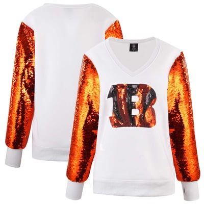 Cincinnati Bengals FABGATING by Cuce Women's Sequin Sleeve V-Neck Sweatshirt- White