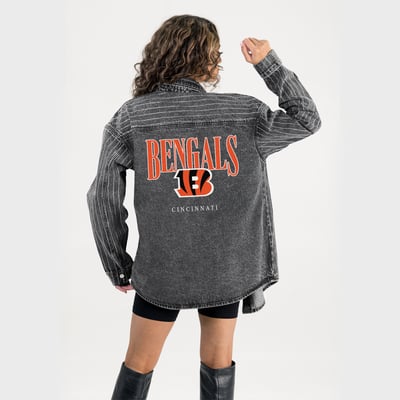  Cincinnati Bengals Gameday Couture Women's End Zone Energy Rhinestone Washed Full-Snap Denim Overshirt - Black