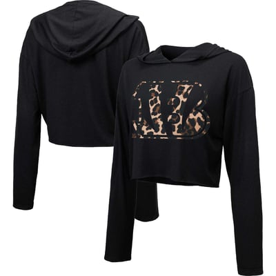 Cincinnati Bengals Majestic Threads Women's Leopard Cropped Pullover Hoodie - Black