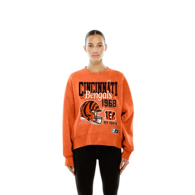  Cincinnati Bengals New Era Women's Throwback Mineral Wash Boxy Fleece Crewneck Sweatshirt - Orange