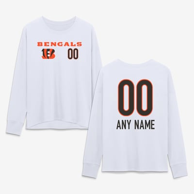 Cincinnati Bengals Women's Touchdown Wordmark Personalized Name & Number Long Sleeve T-Shirt - White