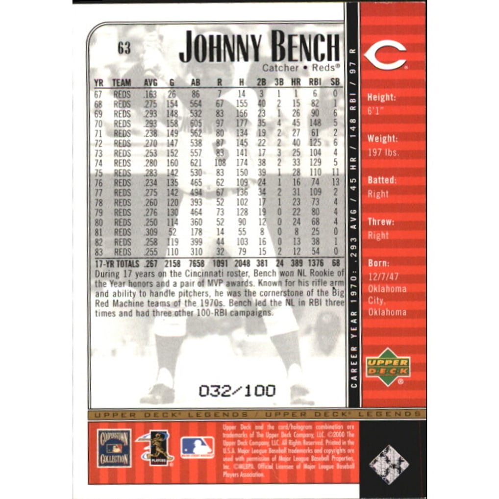 2000 Upper Deck Legends Commemorative Collection #63 Johnny Bench