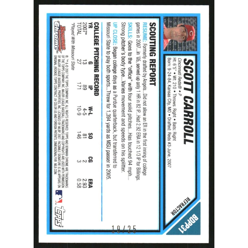 2007 Bowman Chrome Draft Draft Picks Gold Refractors #BDPP31 Scott Carroll