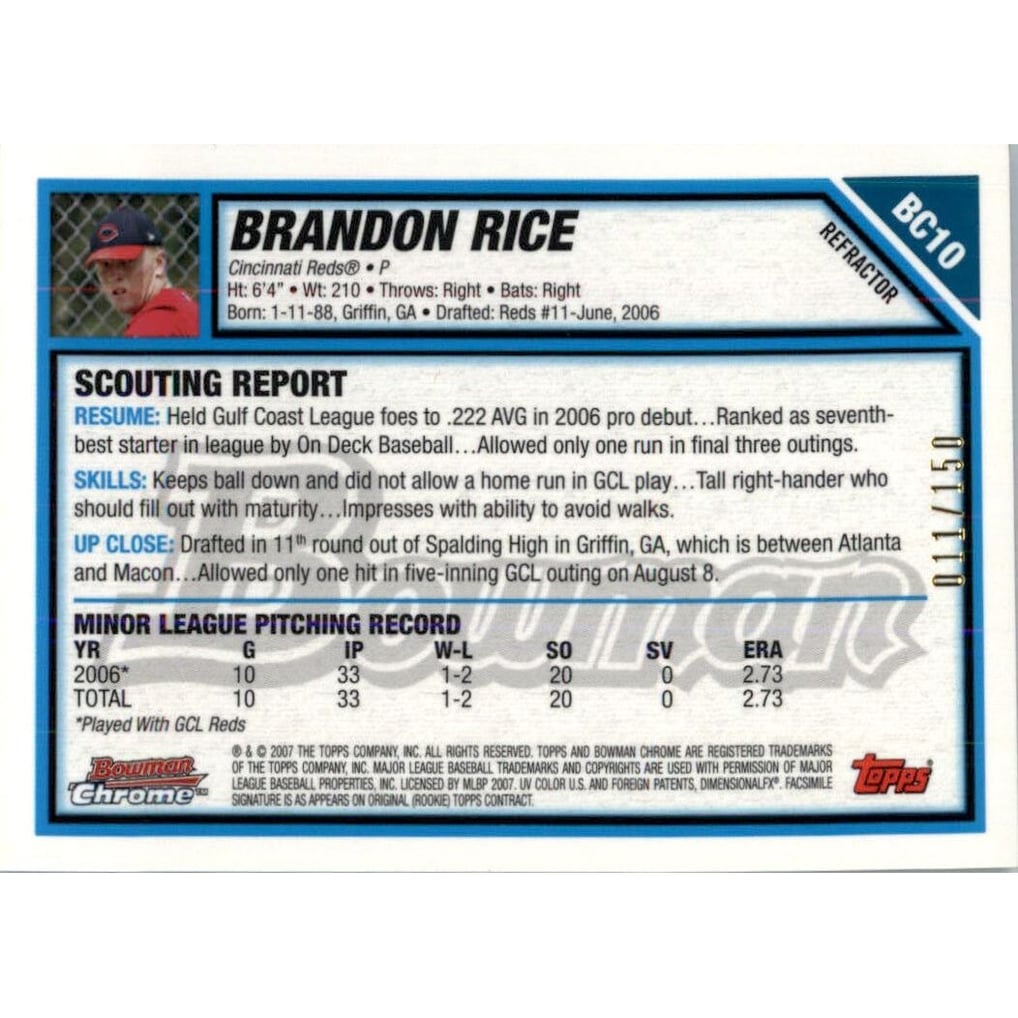 2007 Bowman Chrome Prospects Blue Refractors #BC10 Brandon Rice