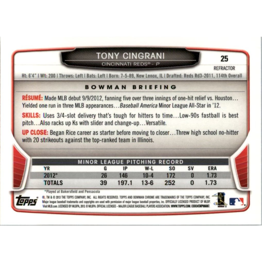 2013 Bowman Chrome Draft Blue Wave Refractors #25 Tony Cingrani