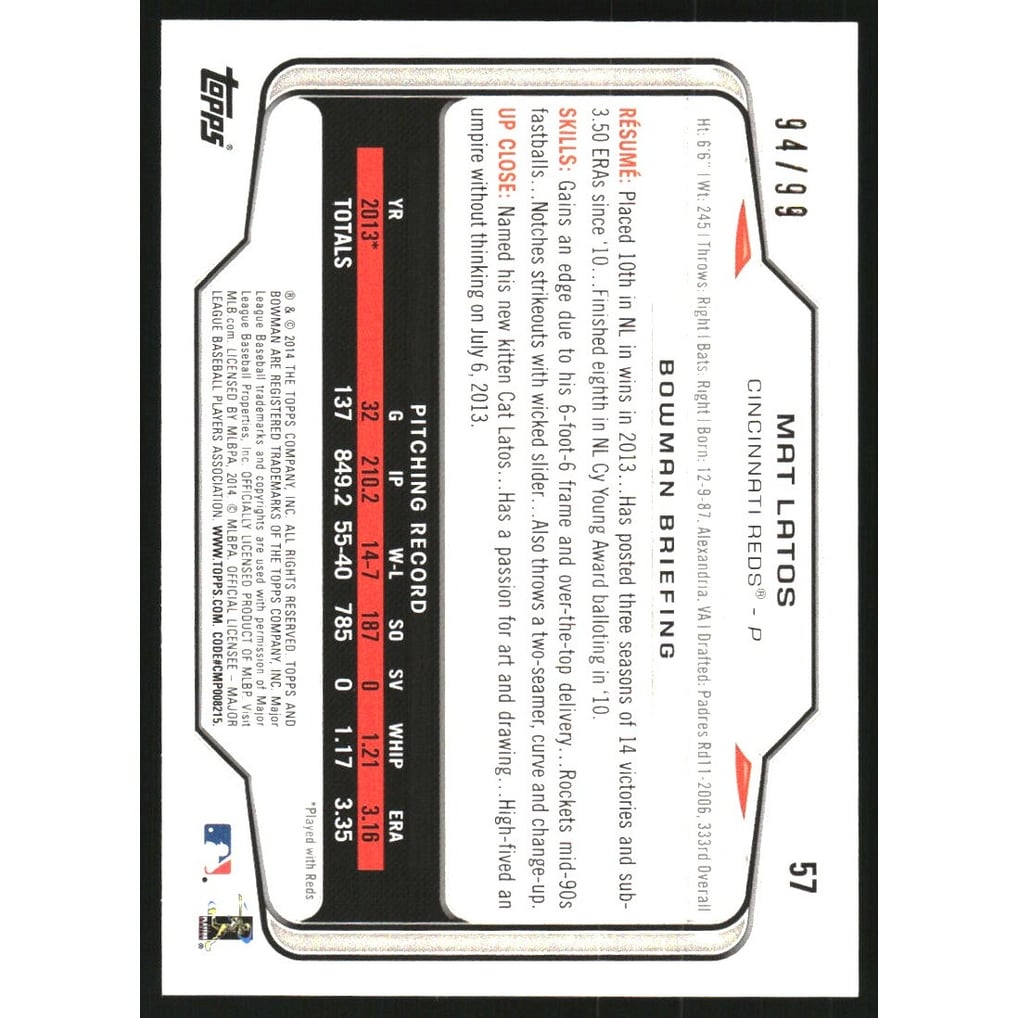 2014 Bowman Yellow #57 Mat Latos