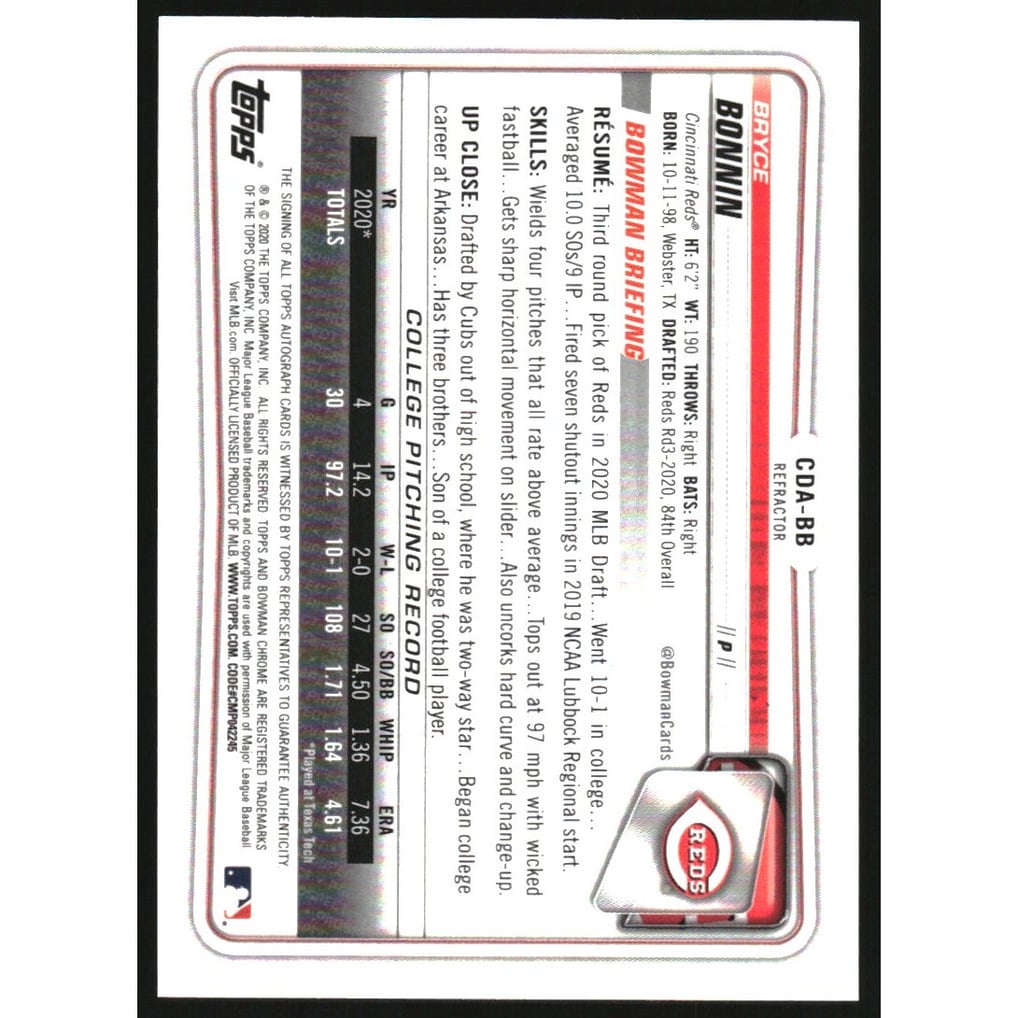 2020 Bowman Chrome Draft Autographs Refractors #CDABB Bryce Bonnin