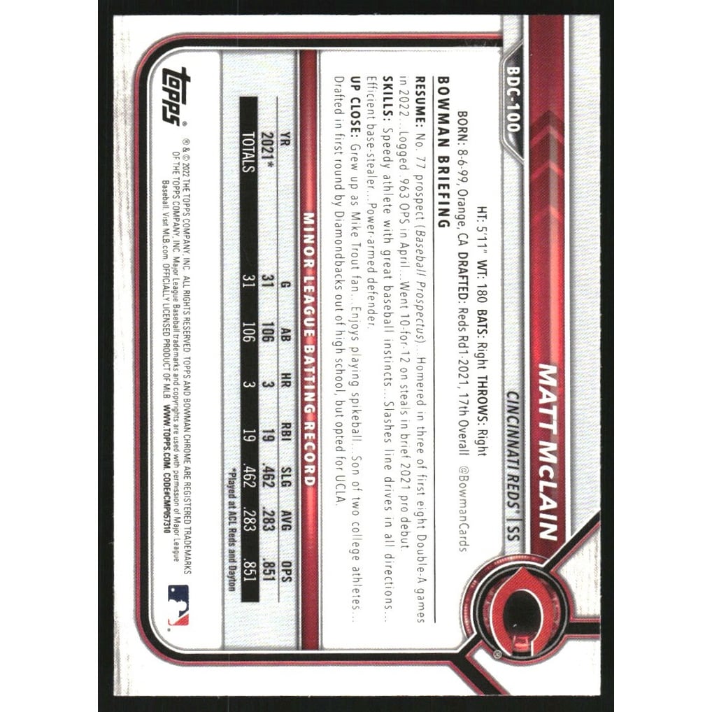 2022 Bowman Chrome Draft Black and White RayWave Refractors #BDC100 Matt McLain