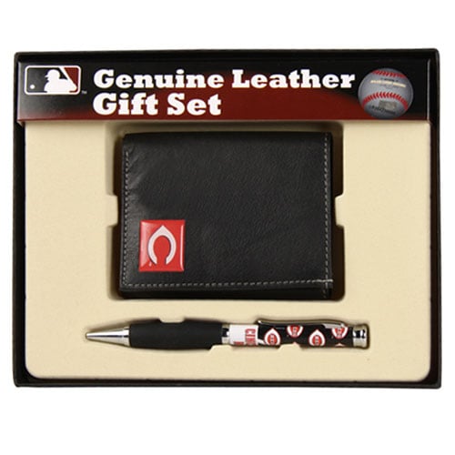 Cincinnati Reds Geniune Leather Tri-Fold Wallet & Comfort Grip Pen Set