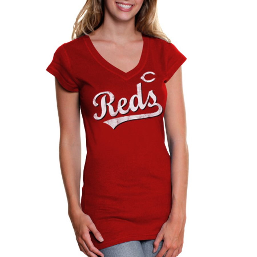 Cincinnati Reds Ladies Logo Tail Sweep Slim Fit T-Shirt - Red