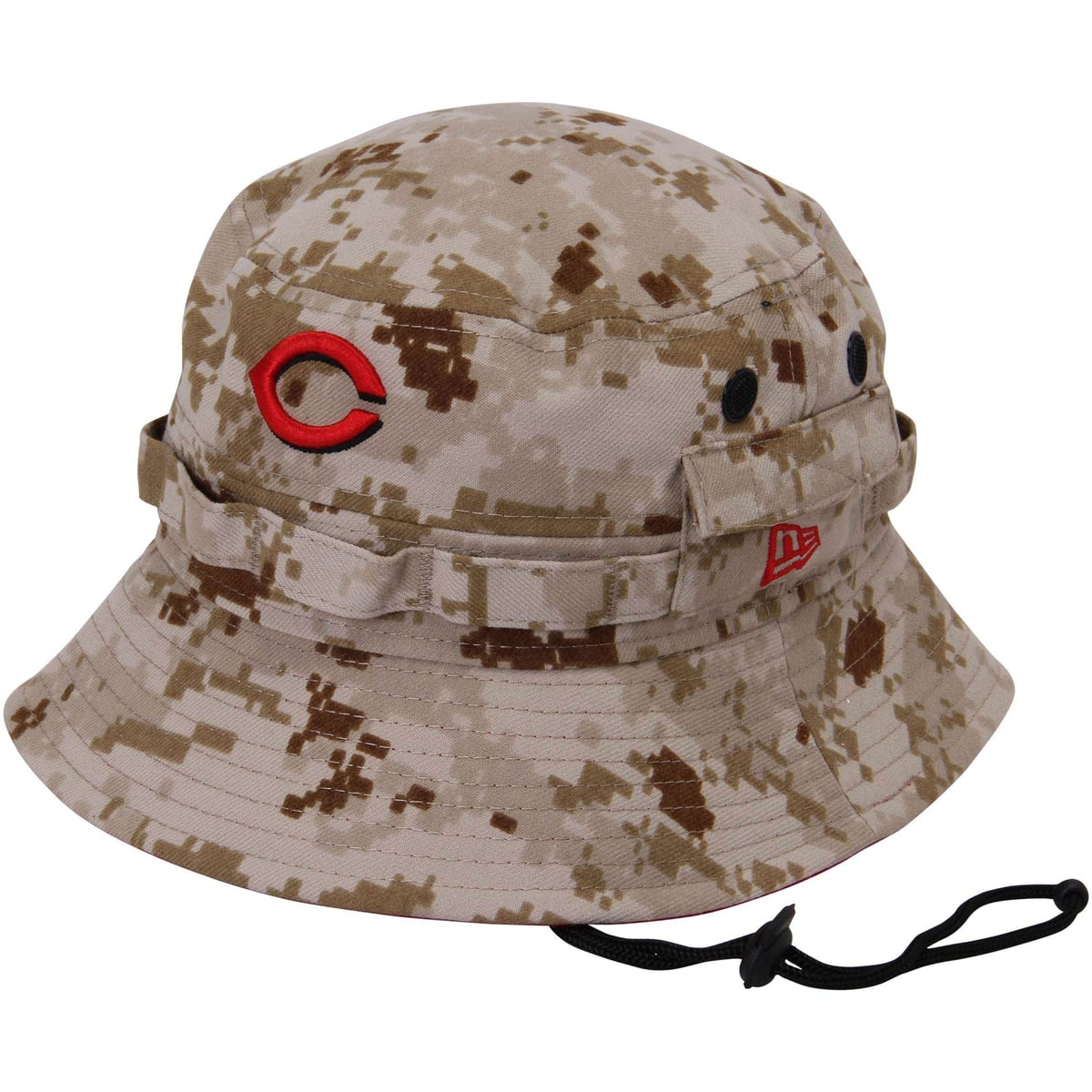 Cincinnati Reds Rope Hat Mens Cincinnati Reds New Era Tan/Red Camo Hideaway Bucket Hat