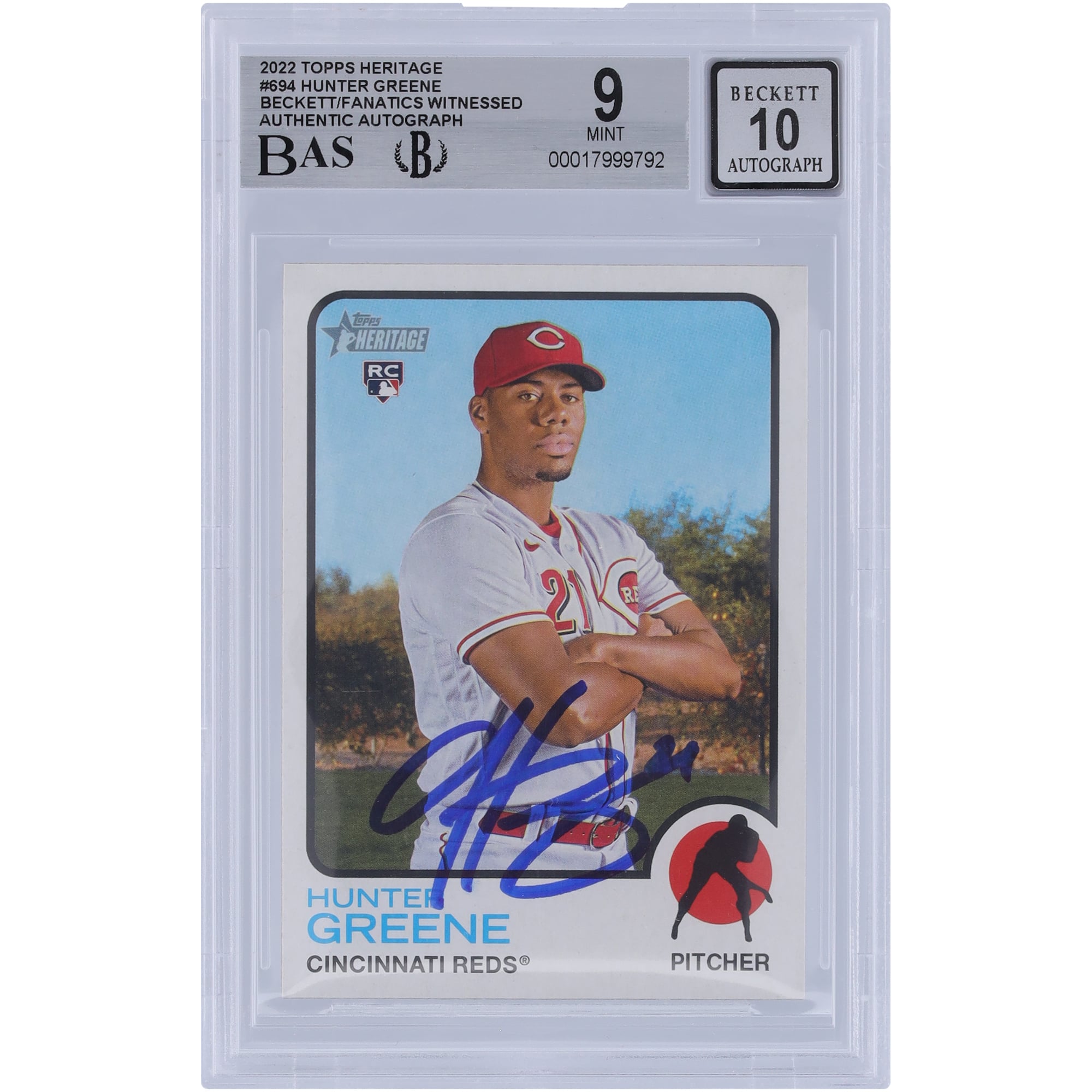 Hunter Greene Cincinnati Reds Autographed 2022 Topps Heritage #694 Beckett Fanatics Witnessed Authenticated 9/10 Rookie Card