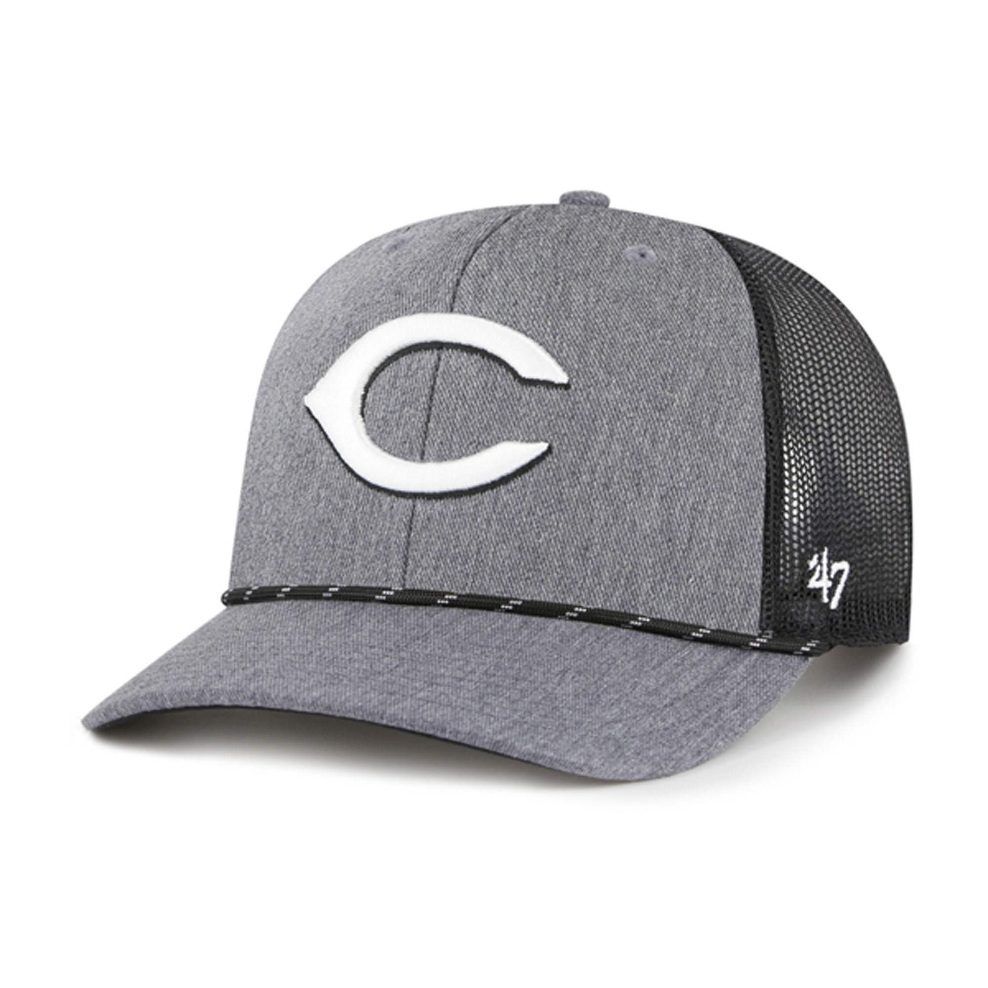 Cincinnati Reds Rope Hat Men's Cincinnati Reds '47 Charcoal Carbon Rope Trucker Adjustable Hat