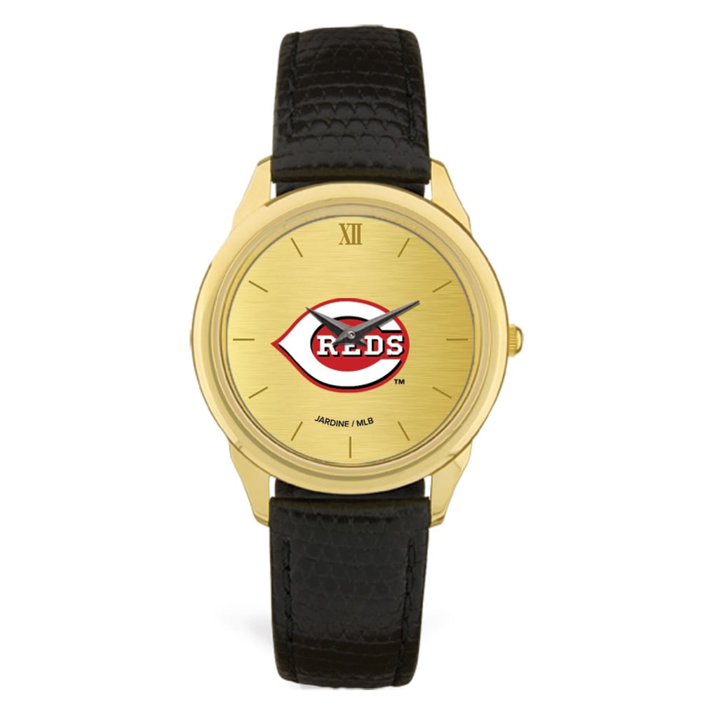 Men's Cincinnati Reds Black Gold Dial Leather Wristwatch