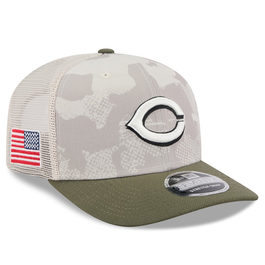 Cincinnati Reds New Era 2025 Armed Forces Day 9SEVENTY Stretch-Snap Hat - Light Beige/Olive