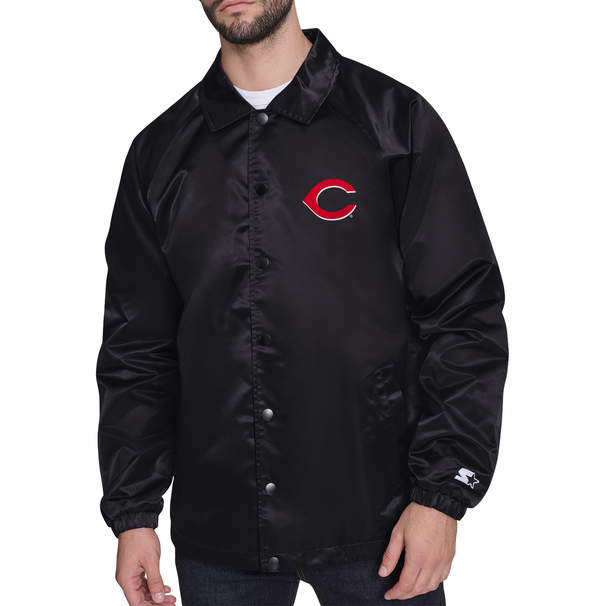 Men's Cincinnati Reds Starter Black Retro Logo Raglan Coaches Full-Snap ...