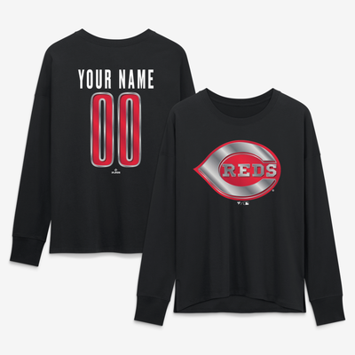 Cincinnati Reds Women's Forged Mascot Personalized Name & Number Long Sleeve T-Shirt - Black
