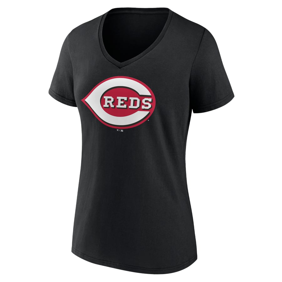 Women's Cincinnati Reds Fanatics Black Core Official Logo V-Neck T-Shirt