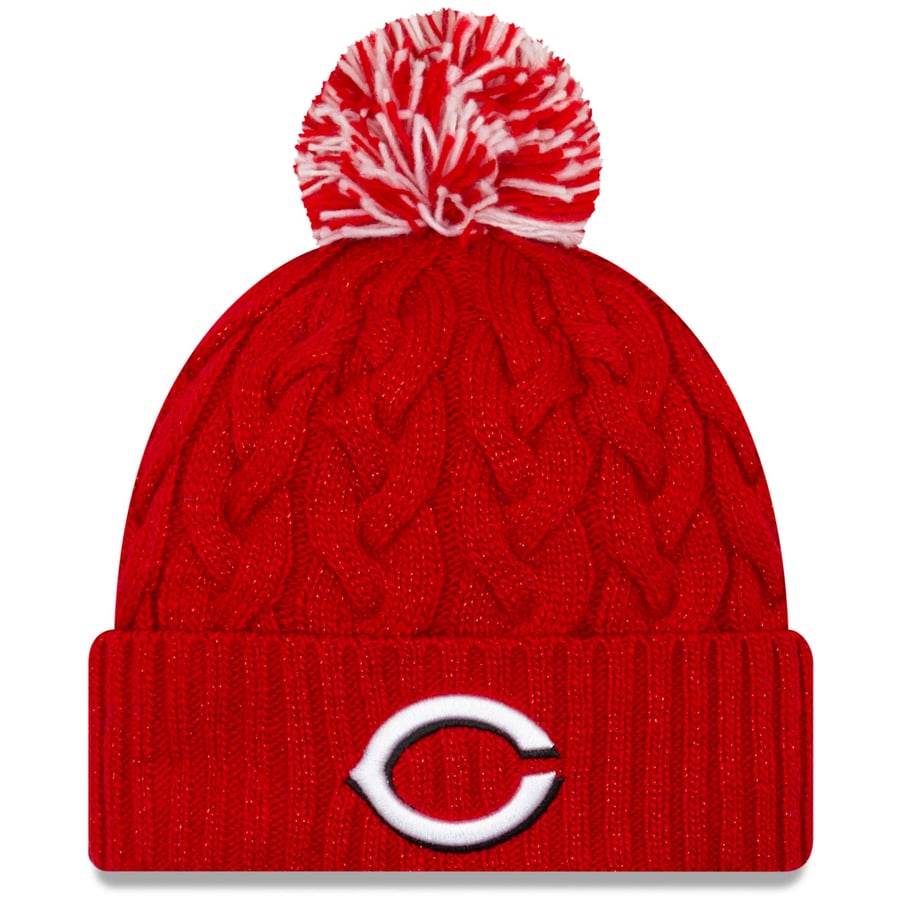 Cincinnati Reds Rope Hat Women's Cincinnati Reds New Era Red Cozy Cable Cuffed Knit Hat with Pom