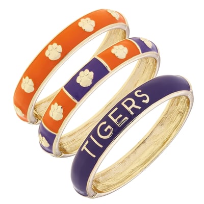 Clemson Tigers CANVAS Style 18k Gold-Plated Logo & Slogan Hinge Bangle Set of 3