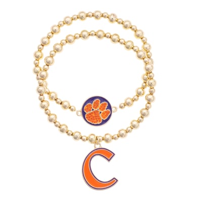 Clemson Tigers CANVAS Style Stretch Ball Bead Bracelet Set of Two
