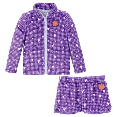 Clemson Tigers ZooZatz Girls Toddler Heart Plaid Plush Full-Zip Jacket & Shorts Set - Purple