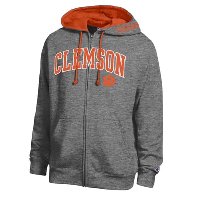 Clemson Tigers Champion Arch Logo Full-Zip Fleece Hoodie - Heather Charcoal