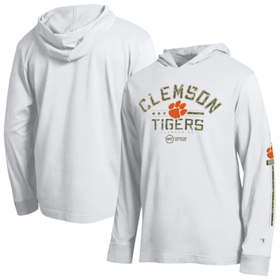  Clemson Tigers Champion Operation Hat Trick Sleeve Line Hooded Long Sleeve T-Shirt - White