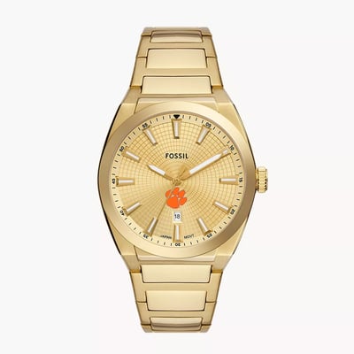  Clemson Tigers Fossil Everett Three-Hand Date  Stainless Steel Watch - Gold