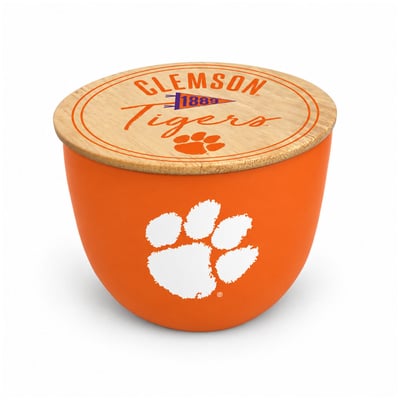 Clemson Tigers Pegasus Script Circle Wood Top 16oz. Ceramic Candle