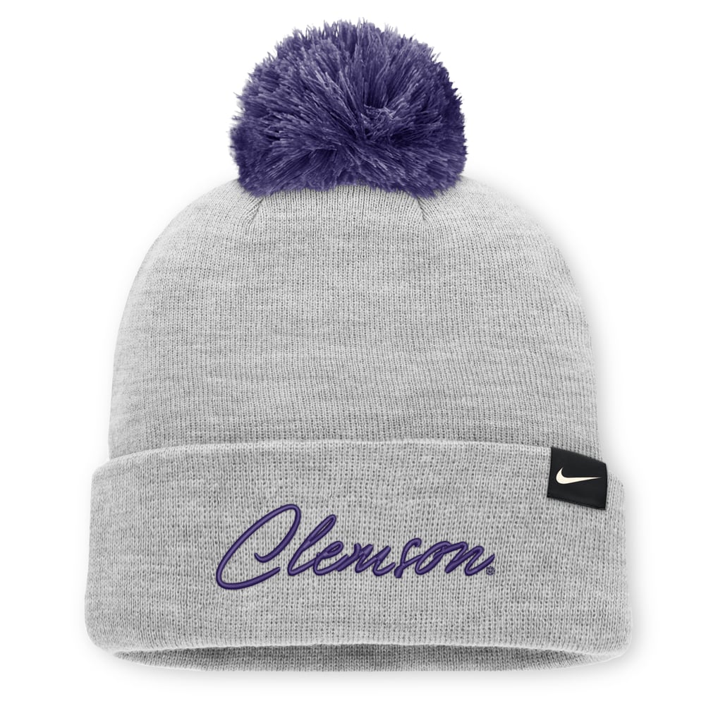 Clemson Tigers Nike Unisex Primetime Script Cuffed Knit Hat with Pom - Heather Gray