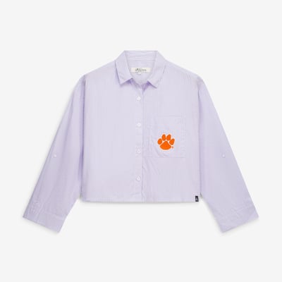  Clemson Tigers Gameday Social Women's Cropped Striped Button-Down Shirt - Lavender