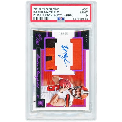 Baker Mayfield Cleveland Browns Autographed 2018 Panini One Dual Relic Purple #52 #19/25 PSA Authenticated 9 Rookie Card