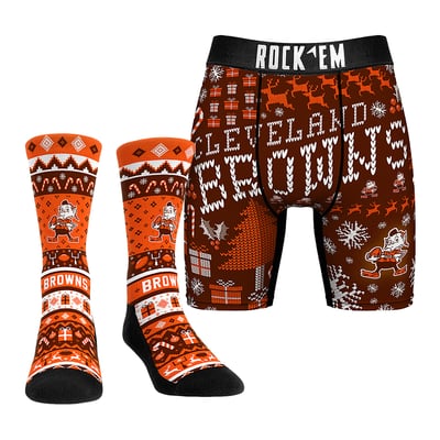 Cleveland Browns Rock Em Socks Retro Throwback Holiday Tacky Sweater Underwear and Crew Socks Combo Pack