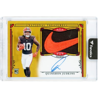 Quinshon Judkins Cleveland Browns Autographed 2025 Panini National Treasures Gold Jumbo Dual-Color Nike Logo Jersey Relic #170 #10/10 Rookie Card