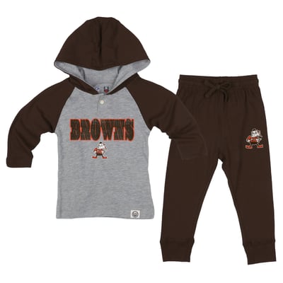 Cleveland Browns Wes & Willy Toddler Henley Hoodie & Sweatpants Set - Heather Gray/Brown