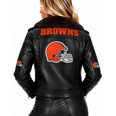 Cleveland Browns FABGATING by Cuce Women's Vegan Leather Faux Fur Moto Full-Snap Jacket - Black/Brown