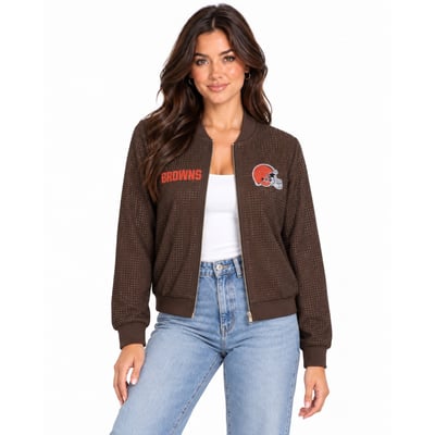 Cleveland Browns FABGATING by Cuce Women's Crystal Full-Zip Bomber Jacket - Brown
