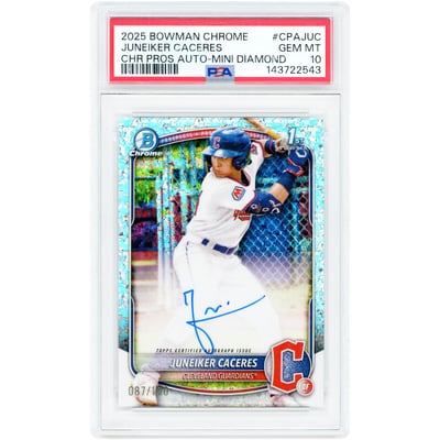 Juneiker Caceres Cleveland Guardians Autographed 2025 Bowman Chrome Mini Diamonds Refractor #CPA-JUC #87/100 PSA Authenticated 10 Card