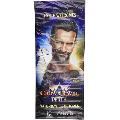 CM Punk WWE Event-Used 84" x 36" 2025 Crown Jewel Street Banner - Hung in Downtown Perth
