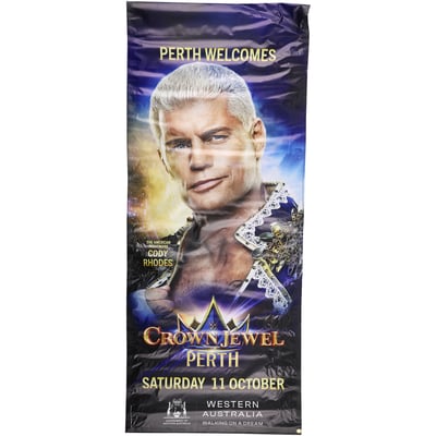 Cody Rhodes WWE Event-Used 84" x 36" 2025 Crown Jewel Street Banner - Hung in Downtown Perth