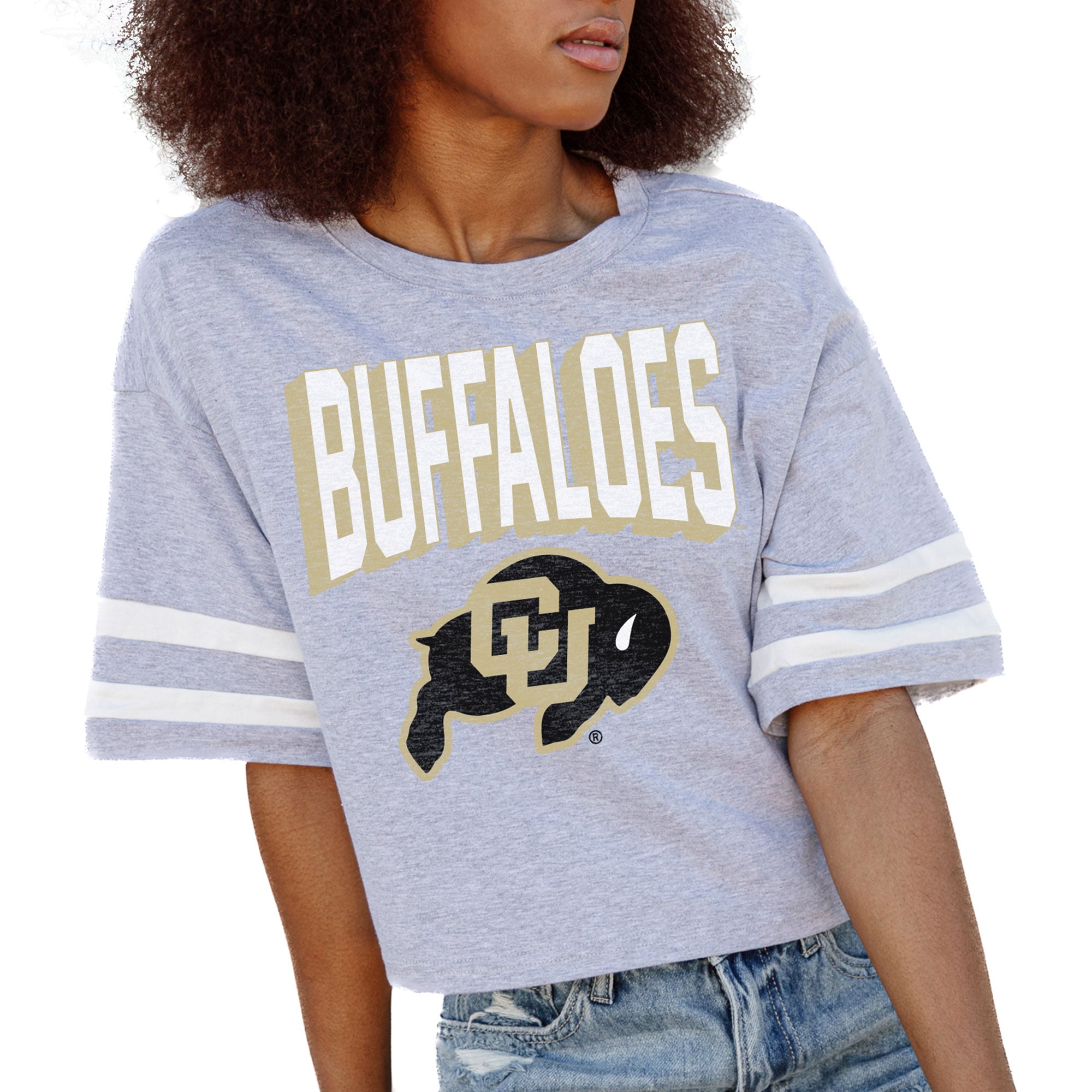 Women's Gameday Couture Gray Colorado Buffaloes No Shortcuts Drop Shoulder Sleeve Stripe Cropped T-Shirt