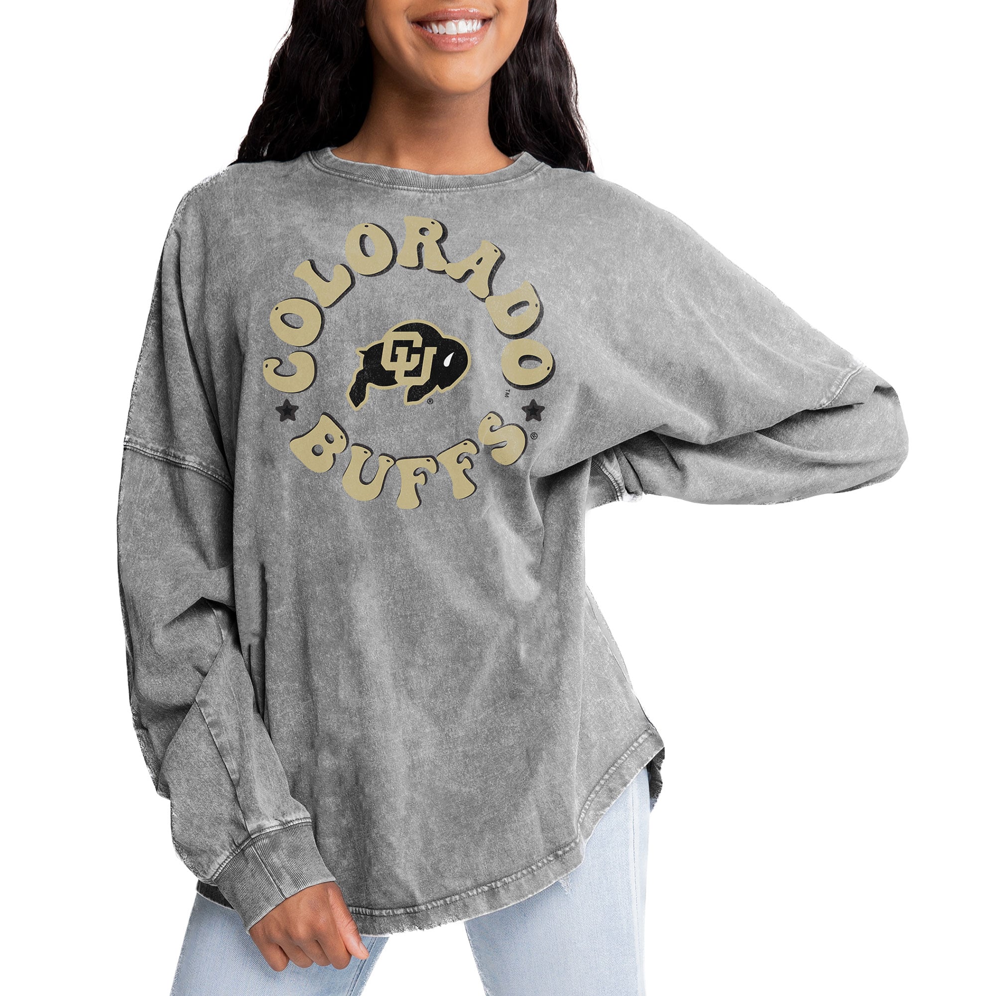 Colorado Buffaloes Gameday Couture Women's Playing Around Faded Wash Oversized Long Sleeve T-Shirt - Gray