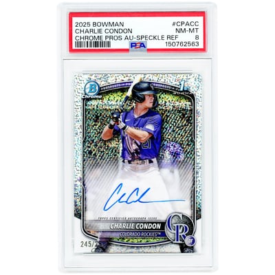 Charlie Condon Colorado Rockies Autographed 2025 Bowman Chrome 1st Bowman Speckle Refractor #CPA-CC #245/299 PSA Authenticated 8 Card